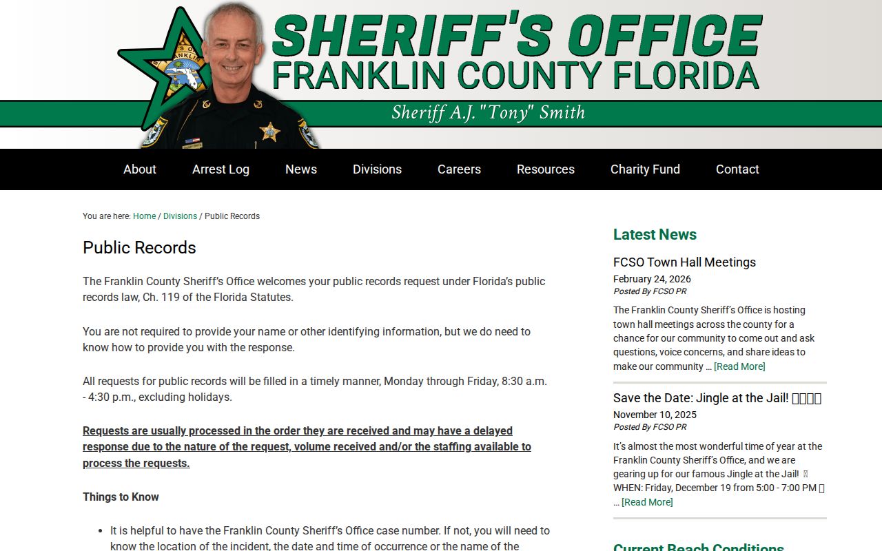 Franklin County arrest record request instructions from the Sheriff