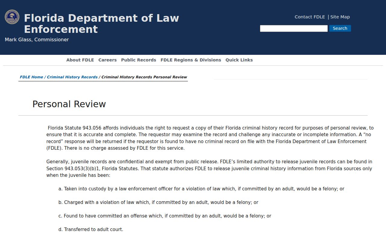 Franklin County criminal history FDLE personal review